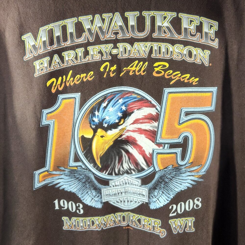 Harley Davidson 105th Anniversary Brown Tee Size XL Milwaukee WI 2008 (OO-32)